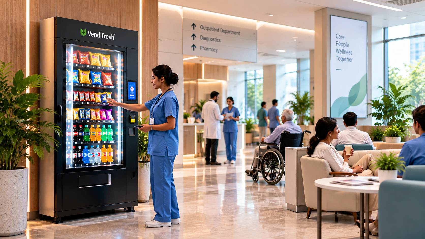 Refreshment vending machine in a healthcare facility